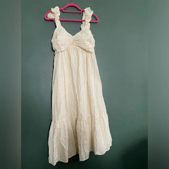 GAP- midi dress sleeveless tiered metallic stripe cotton blend puff strap ruched - Picture 4 of 16